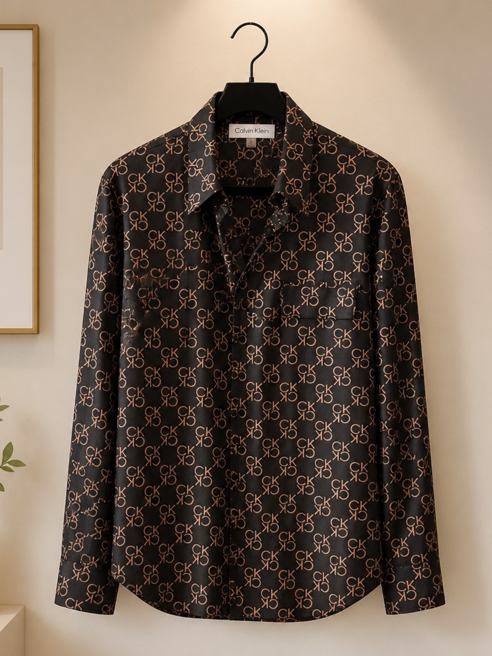 Calvin Klein Black Button-Up women’s Shirt with Tan CK Monogram